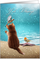 yule blessings with beach scenery cats and birds card