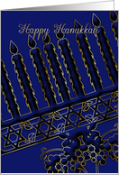 hanukkah holiday card with menorah in blue card