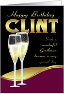 clint birthday greeting card, stylish with champagne glasses card