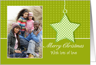 Merry Christmas Photo Greeting Card With Hanging Star In Green card