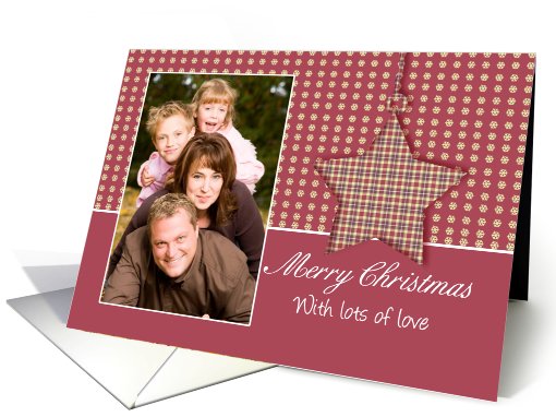 Merry Christmas Photo Greeting Card With Hanging Star In Red card