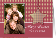 Merry Christmas Photo Greeting Card With Hanging Star In Red card