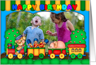 fun colorful photo birthday card with toy train soldiers and scenery card