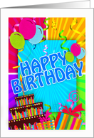 fun bright birthday greeting card with balloons and birthday cake card