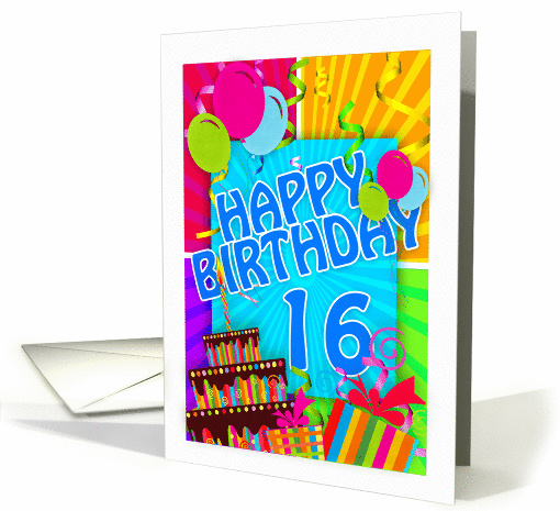 16th birthday card bright and colorful - cake and balloons card