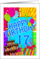 17th birthday card bright and colorful - cake and balloons card