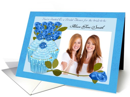 blue bridal shower greeting invitation photo card, customizable card