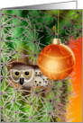 Christmas Owl Family in a Desert Cactus with Ornament card