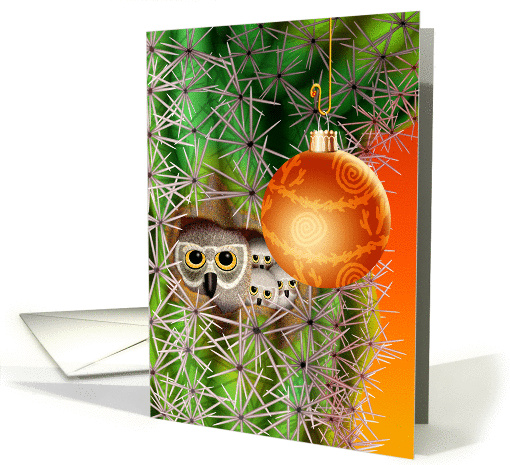 Christmas Owl Family in a Desert Cactus with Ornament card (1462304)