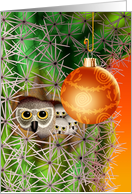 Christmas Owl Family in a Desert Cactus with Ornament card