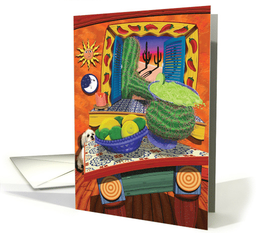Saguaro cactus reaching through window for a margharita card (395825)