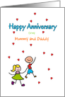 Anniversary Mummy and Daddy Cute Stick Kids and Red Hearts Custom card