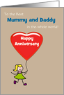 Anniversary Mummy and Daddy Cute Girl and Red Heart Balloon Custom card