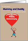 Anniversary Mummy and Daddy Cute Boy and Red Heart Balloon Custom card