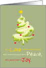 Merry Christmas Love Peace Joy Christmas Tree Red Ornaments and Star card
