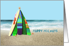 Surfboards Happy Holidays Surfboard Tree with Starfish on Beach card