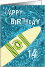 Surfer 14th Birthday with Surfboard in Ocean Graphic card