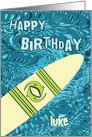 Surfer Birthday with Surfboard in Ocean Graphic Name Specific - Luke card