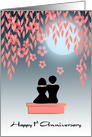 First Wedding Anniversary Asian Lovers in Blossom Garden Blue Moon card