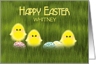 Whitney Custom Name Easter Cute Chicks in Green Grass Speckled Eggs card