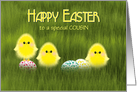 Cousin Happy Easter Cute Chicks in Green Grass Speckled Eggs card