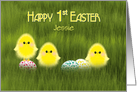 First Easter Jessie Custom Cute Chicks in Green Grass Speckled Eggs card