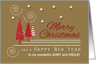 Aunt and Uncle Red Trees Custom Merry Christmas Swirls and Snowflakes card