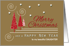 Daughter Red Trees Custom Merry Christmas Swirls and Snowflakes card