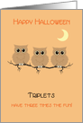 Halloween Triplets Cute Owls on Tree Branch with Moon card