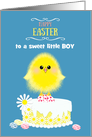 Boy Easter Yellow Chick Cake and Speckled Eggs on Blue Custom card