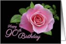 90th Birthday Beautiful Classic Pink Rose and Green Leaves card