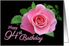 94th Birthday Beautiful Classic Pink Rose and Green Leaves card