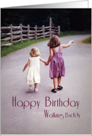 Birthday for Walking Buddy girls holding hands on road card