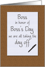 Boss’s day card from employees humorous notepad and pen on desktop card