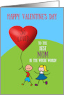 Mom Valentine’s Day Cute Boy and Girl with Red Heart Balloon card