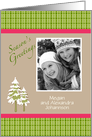 Season’s Greetings Snow Covered Trees Pink/Green Plaid Photo card