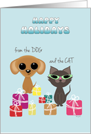 Happy Holidays from Dog and Cat Cute Pets with Presents card