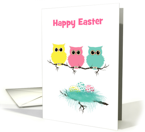 Easter Owl card with Three Cute Owls and Colorful Easter Eggs card