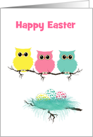 Easter Owl card with Three Cute Owls and Colorful Easter Eggs card