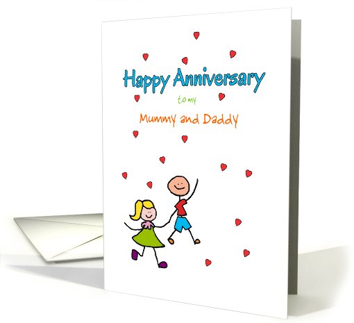 Anniversary Mummy and Daddy Cute Stick Kids and Red Hearts Custom card
