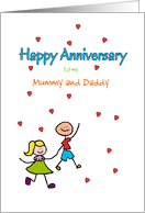 Anniversary Mummy and Daddy Cute Stick Kids and Red Hearts Custom card