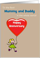 Anniversary Mummy and Daddy Cute Girl and Red Heart Balloon Custom card