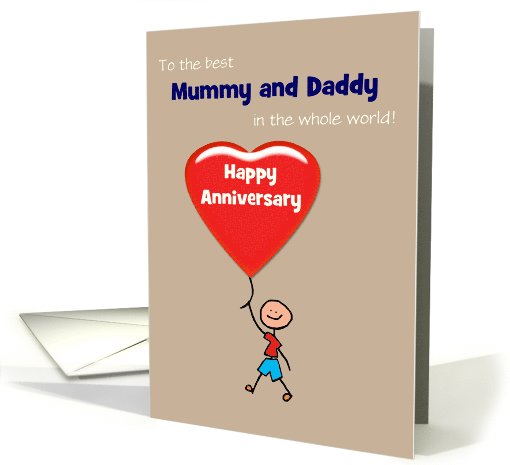 Anniversary Mummy and Daddy Cute Boy and Red Heart Balloon Custom card