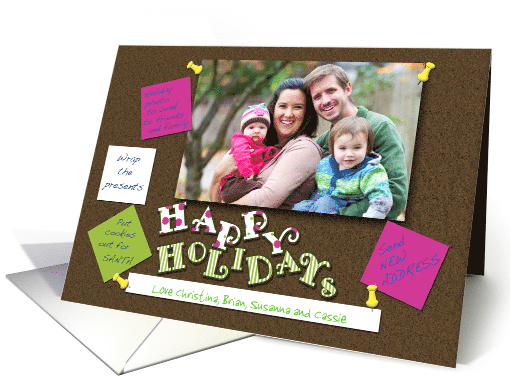 New Address Happy Holidays Cork board Messages Custom Photo card