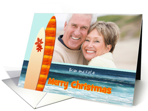 Merry Christmas Surfer Photo Card with Surfboards and Ocean Waves card
