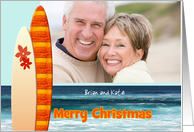 Merry Christmas Surfer Photo Card with Surfboards and Ocean Waves card
