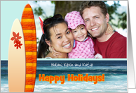 Happy Holidays Christmas Surfer Photo Card with Surfboards and Ocean card