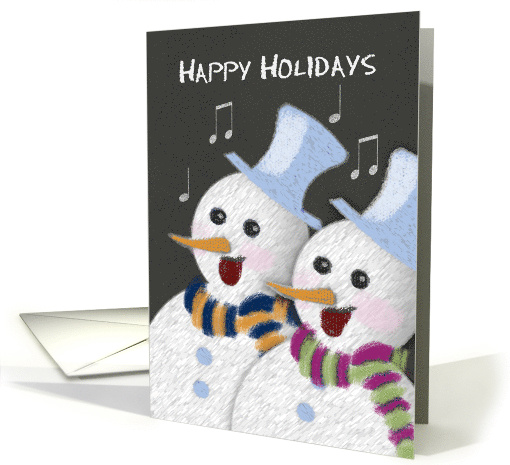 Happy Holidays Jolly Singing Snowmen Couple Chalkboard Christmas card