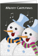 Merry Christmas Jolly Singing Snowmen Couple with Scarves Christmas card