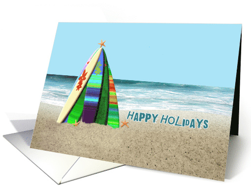 Surfboards Happy Holidays Surfboard Tree with Starfish on Beach card